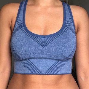 New Balance Long Line Strappy Back Sports Bra Blue Criss Cross Pattern